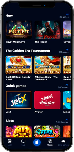 1Win app casino section screen
